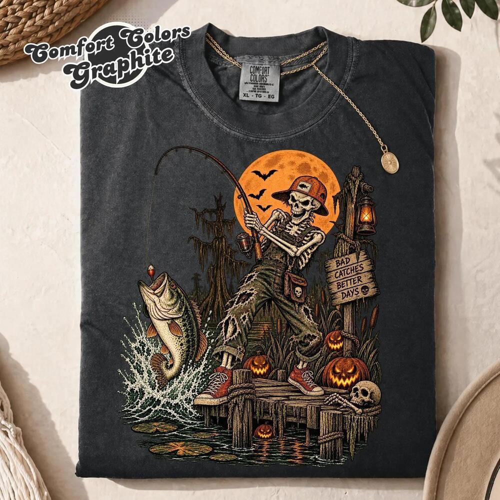 Halloween Skeleton Fishing Bass Fisherman Funny Spooky Shirt, S Angler